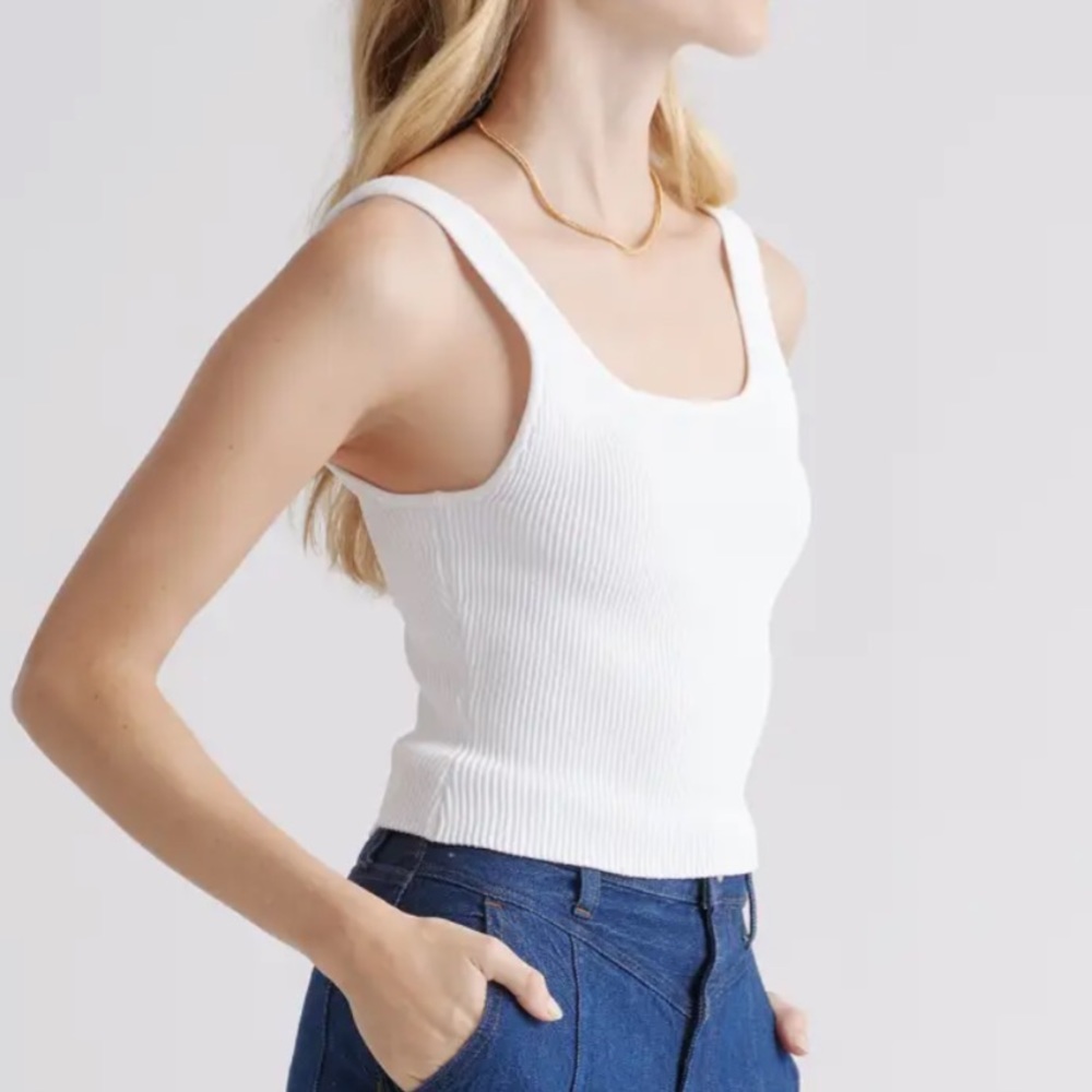 Quince Cropped Square Neck Ribbed Knit Tank White Medium NWOT